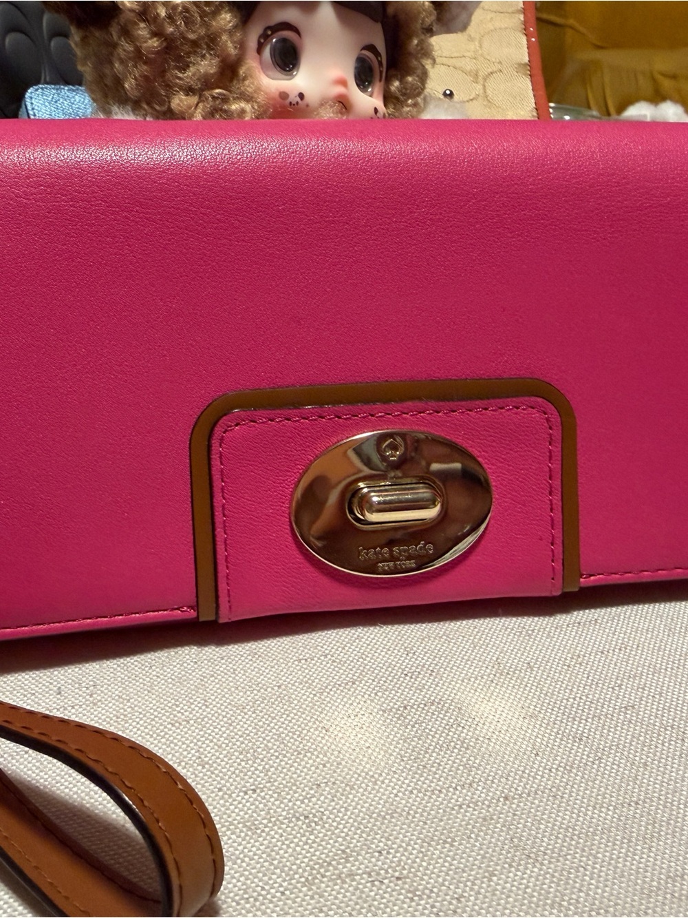 kate spade Hot Pink Leather Turnlock wallet with Tan Trim